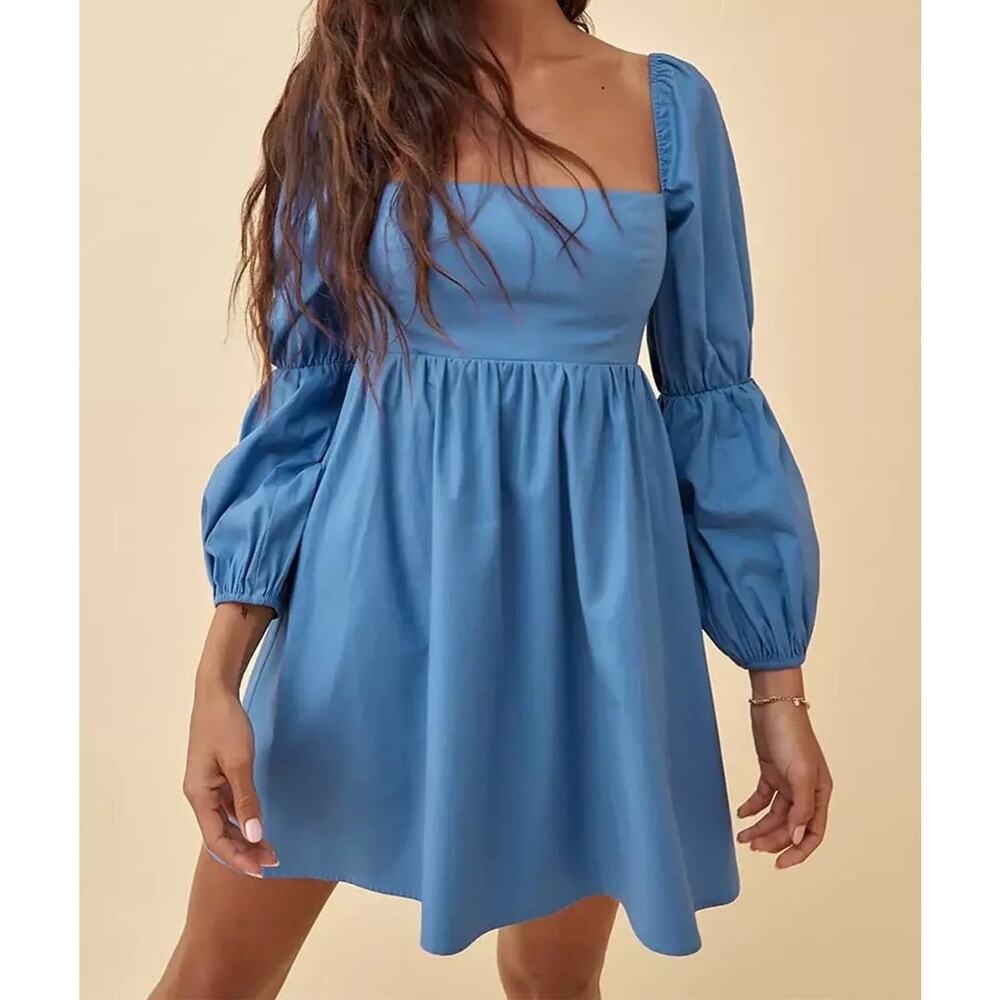 EXLURA NWT Square Neck Dress Long Puff Sleeve A-Line Short Mini Dress Small